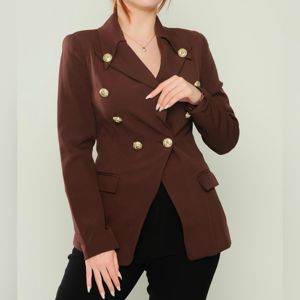 Women's Double Breasted Buttoned Brown Blazer